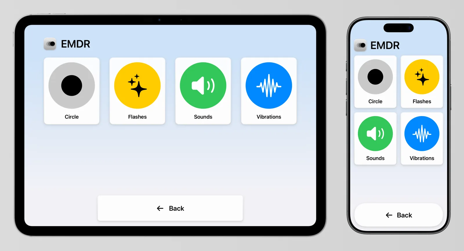 The EMDR app's simplified Assistive Access interface on iPad and iPhone